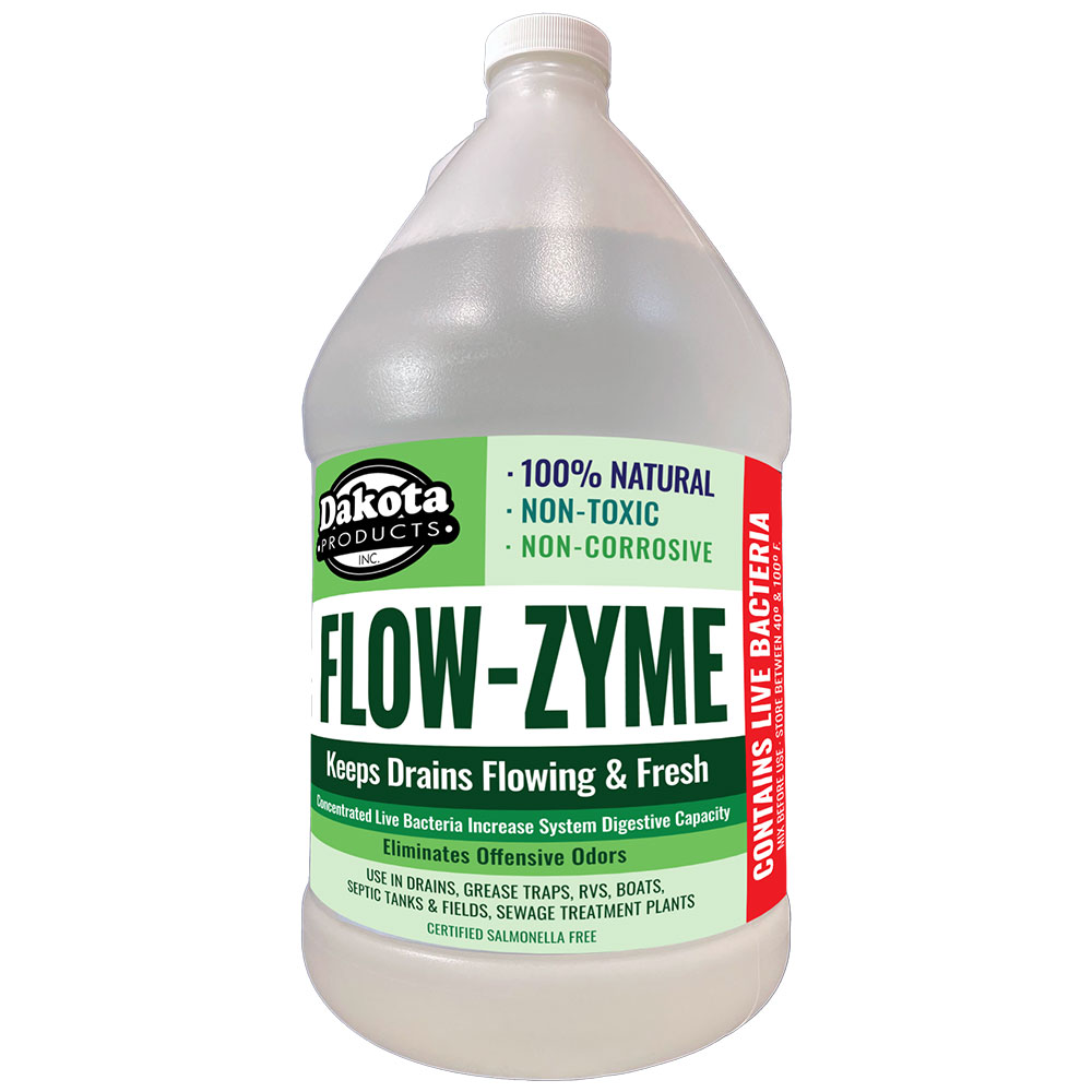 Flow-Zyme concentrated live bacteria septic conditioner from Dakota Products Inc. keeps drains flowing and smelling fresh